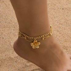 Shein Vacation Style Line & Tassel Golden Flower Pendant Multilayer Anklet - Women