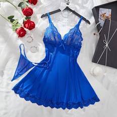 Blue Nightgowns Shein Women's Solid Color Mesh Contrast Lace See-Through Sexy Camisole - Nightgown