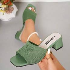 Knit Fabric - Women Heeled Sandals Shein Fresh Green Knit Fabric Open Toe Square Toe Design Chunky Heel Sandals - Fresh Green
