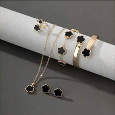 Metal Jewellery Sets Shein Lucky Clover Design Bracelet Necklace Earrings Bangle And Ring Set - 6pcs