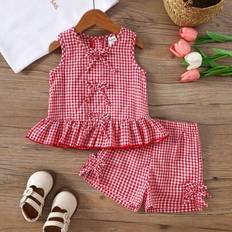 9-12M Other Sets Shein Baby Girl Cute Casual Plaid Strappy Camisole And Shorts Clothing Set - Outdoor Outings