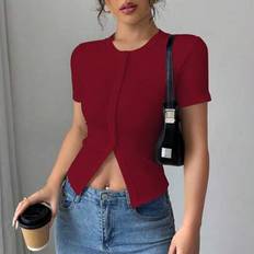 French Sexy Slim Fit Round Neck Solid Color Decorated Button Down Short - Women