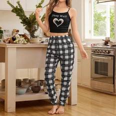 Polyester Pyjamases Shein Teen Girl Valentine's Day Simple Heart Print Camisole & Plaid Pants Pajama Set - 2Pcs