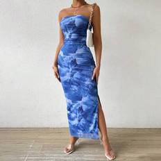 Women's Plant Print Side Slit Slimming Mesh Strapless Dress Maxi Women Outfit
