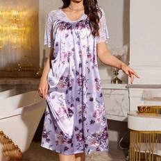 S Nightgowns Shein Floral Print Lace Panel Chiffon Nightgown With Sheer Shoulders - Women