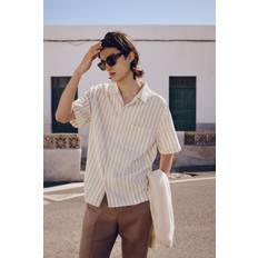 H&M Kurzarmhemd Aus Leinenmix In Regular Fit - Beige/Weiß Gestreift