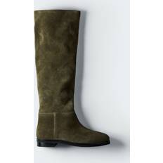 H&M Knee-High Suede Boots - Dark Khaki Green