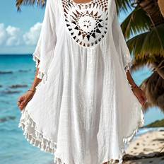 Vita Saronger & Kimonos Temu Boho Chic Crochet Cover-up Dress With Tassel Trim - White