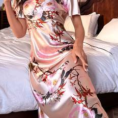 Satin Nattlinnen Temu Syz Women's Satin Nightgown Floral Print V-neck Long Sleeve Sleep Dress - Summer