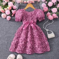 Shein Girls Solid Color Puff Sleeve 3D Flower Decor Elegant Dress With Belt - Summer