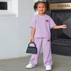 Purple Tracksuits Children's Clothing Shein Young Girl Casual Loose Dropped Shoulder Patched Mid-Sleeve Sweatshirt And Pleated Sweatpants - 2 Pieces
