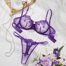 S Lingerie Sets Shein Elegant Embroidered Floral Sheer Lingerie Set - Purple