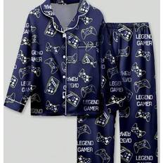 Shein Tween Boy Video Game Printed Blue Long Sleeve Shirt And Pants Pajama Set