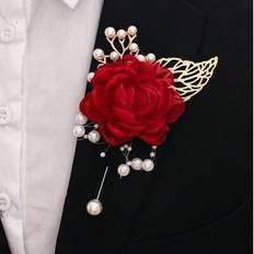 Red - Women Brooches Shein Unisex Beautiful Red Tea Flower With Golden Leaf Bead Brooch - Beautiful Red