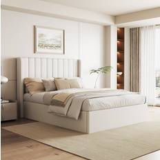 Beige double bed frame Ecasa Maddison Cream Velvet Ottoman Storage Double 4FT 6 Frame Bed