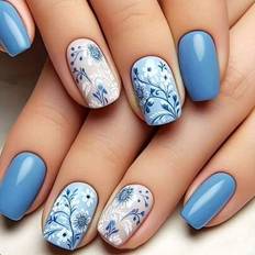 Shein Set Of Medium Square Press-On Nails - Blue Floral