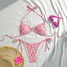 Florals Bikinis Shein Women's Summer Floral O-Ring Halter Neck Bikini 2-Piece Swimsuit Set