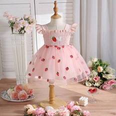 Shein Baby Girls Summer Sweet Strawberry Embroidered Cap Sleeve Mesh Dress - Strawberry