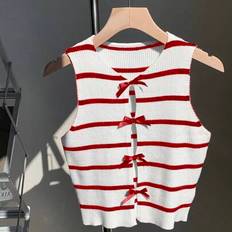 Shein Comfortcana Women's Sleeveless Striped Knitted Top - With Bow Decor