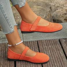 Orange Ballerinas Shein Plus Size EU36-43 Orange Velvet Mary Jane Flats With Strap - Orange Velvet