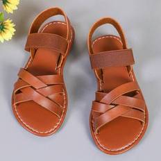 Brown Sandals Shein Plus Size Baby Toddler Girls Pu Leather Cross-Woven Flat Sandals - Brown
