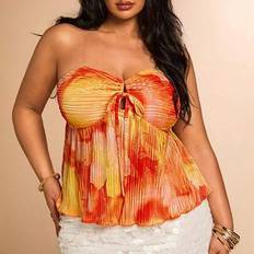 Pleats Tank Tops Shein Plus Size Women's Spring And Summer Orange Rendering Pleated Straps Hollow A-Line Top - Spring/Summer Orange