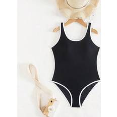 Black Bathing Suits Shein Tween Girls Minimalist Cute Beach Vacation One-Piece Swimsuit - Black/White