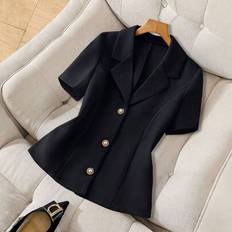 Shein Blazers Shein Franclia French Elegant Everyday Casual Versatile Short Sleeve Fitted Faux Pearl Metal Button Blazer - Spring/Summer