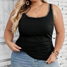 6XL Tank Tops Shein Plus Size Casual Racerback Basic Deep V-Neck Ribbed Leopard Print Tank Top - Black