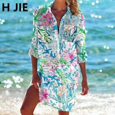 Florals Swimsuit Cover-Ups & Sarong Wraps Shein Women's Tropical Print Beach Cover-Up Shirt - Lightweight