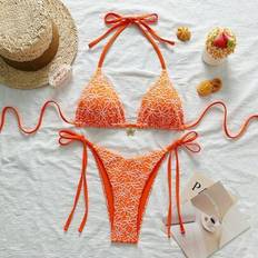 Orange - Women Bikini Sets Shein Women's Summer Beach Holiday Textured Halter Tie Side Bikini Set - Orange