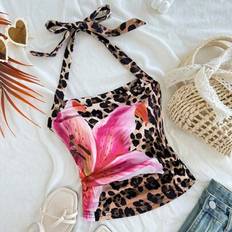 Polyester Tank Tops Shein Tween Girls Leopard Print Floral Pattern Halter Neck Casual Tank Top - Leopard Print