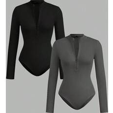Shein Shapewear & Under Garments Shein 2pcs Women's Zip-Up Mock Neck Bodysuit Set - Casual Long Sleeve