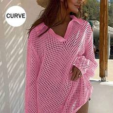 Elastane/Lycra/Spandex Swimsuit Cover-Ups & Sarong Wraps Shein Plus Size Solid Knit Beachdress - Summer Sexy Hollow Out