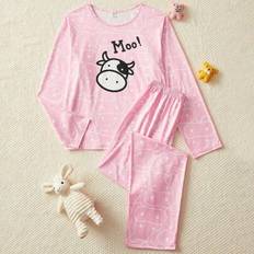 Polyester Pyjamases Shein Teen Girl Cartoon Print Long Sleeve Top And Pants Pajama Set