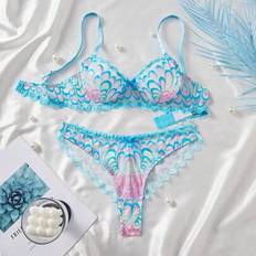 Women Lingerie Sets Shein 2pcs Women Lace Sheer Sexy Lingerie Set - Blue