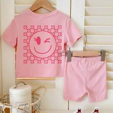 Elastane Other Sets Shein Young Girls Casual & Loose Gingham Floral Graphic T-Shirt And Shorts Set - Summer
