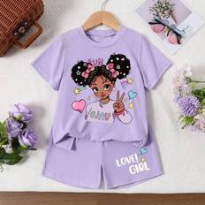 Shein Tween Girls Cartoon Graphic Print Short Sleeve T-Shirt And Shorts Set