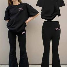 Shein Tween Girls Casual Minimalist Bow Detail Loose Fit Short Sleeve T-Shirt & Flare Leg Pants Set - Summer