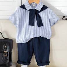 Children's Clothing Shein Baby Boy Casual Wing Collar Mid Sleeve Striped Shirts - Solid Color