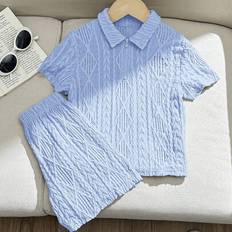 L Other Sets Children's Clothing Shein Young Boy LMoss 2pcs Casual Textured Fabric Collared Zip Polo Shirt & Shorts Set - Comfortable Summer Outfit