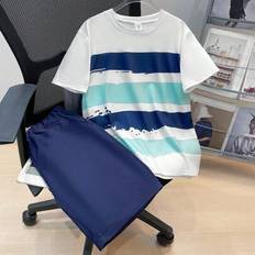 Children's Clothing Shein Tween Boys Loose Casual Resort Asymmetrical Striped Short Sleeve T-Shirt And Woven Shorts Set - 2 Pieces