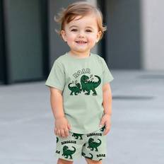 Children's Clothing Shein Toddler Boys Casual Minimalist Cartoon Dinosaur Print Short Sleeve T-Shirt And Shorts Sets - Summer