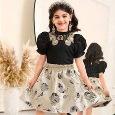 Children's Clothing Shein Young Girl 2 Pieces Set - Knitted Mock Neck Hollow Top And Jacquard Woven Pleated Skirt