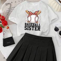Children's Clothing Shein Tween Girl Baseball Printng Round Neck Short Sleeved T-Shirt - Summer