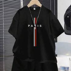 Children's Clothing Shein Boy Casual Classic Vertical Striped Paris Text Graphic Printed Short Sleeve T-Shirt And Shorts Set - Summer