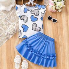 Children's Clothing Shein Girls Toddler Leopard Heart Print T-Shirt And Ruffle Trim Pleated Skirt Set - Summer Outfit