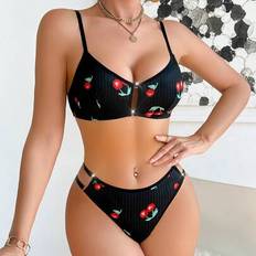 Shein Women's Solid & Cherry Print Comfortable Lingerie Set