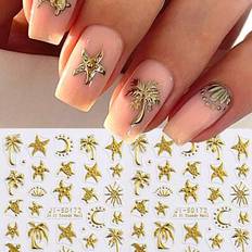 Shein 2pcs Hot Stamping Summer 5D Nail Art Stickers Golden Coconut Tree Sea Turtle Ocean Star Moon Totem Embossed Nail Decals Y2K Cute Nail Art Decoration DIY Self-Adhesive Nail Stickers Nail Art Supplies 2-pack