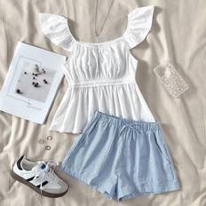 Shein Teen Girls All-Match Casual Versatile Solid Jacquard Loose Fit Cap Sleeve Blouse - Spring/Summer